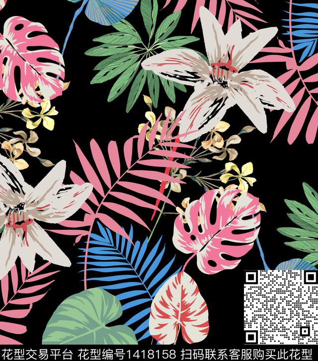 黑底花卉花卉热带华亿平台数码印花华亿平台下载（图片编号: 1418158） - 瓦栏（Walan）