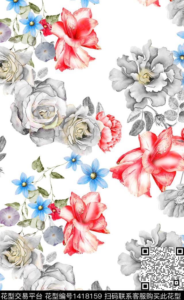 白底花水彩花卉数码印花华亿平台下载（图片编号: 1418159） - 瓦栏（Walan）