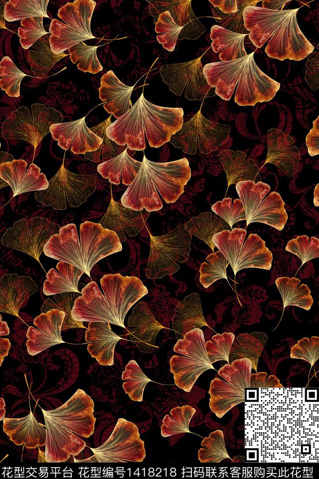 香云纱秋冬华亿平台银杏叶数码印花华亿平台下载（图片编号: 1418218） - 瓦栏（Walan）