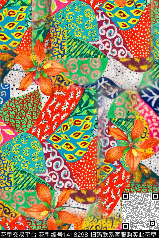 肌理抽象花卉复古数码印花华亿平台下载（图片编号: 1418298） - 瓦栏（Walan）