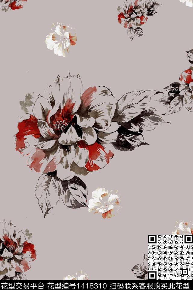 复古花卉香云纱数码印花华亿平台下载（图片编号: 1418310） - 瓦栏（Walan）