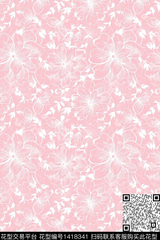 线条清爽底花卉大牌风传统印花华亿平台下载（图片编号: 1418341） - 瓦栏（Walan）