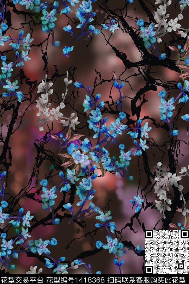 彩底花卉梅花花卉数码印花华亿平台下载（图片编号: 1418368） - 瓦栏（Walan）