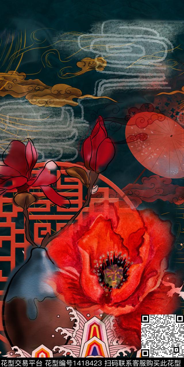 女装定位花中国风真丝数码印花华亿平台下载（图片编号: 1418423） - 瓦栏（Walan）