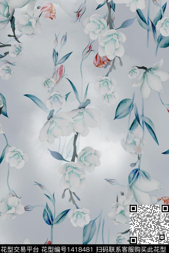 抽象花卉真丝绿植树叶数码印花华亿平台下载（图片编号: 1418481） - 瓦栏（Walan）