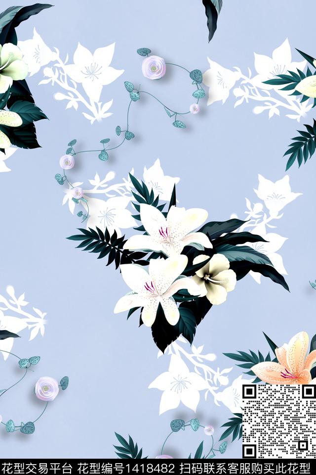 抽象花卉真丝绿植树叶数码印花华亿平台下载（图片编号: 1418482） - 瓦栏（Walan）