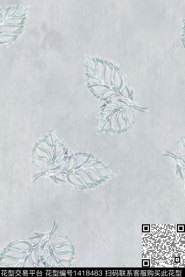 抽象花卉真丝绿植树叶数码印花华亿平台下载（图片编号: 1418483） - 瓦栏（Walan）