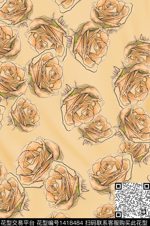 抽象花卉真丝绿植树叶数码印花华亿平台下载（图片编号: 1418484） - 瓦栏（Walan）