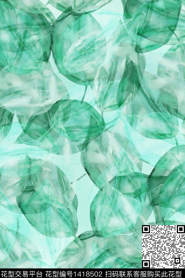 抽象花卉真丝绿植树叶数码印花华亿平台下载（图片编号: 1418502） - 瓦栏（Walan）