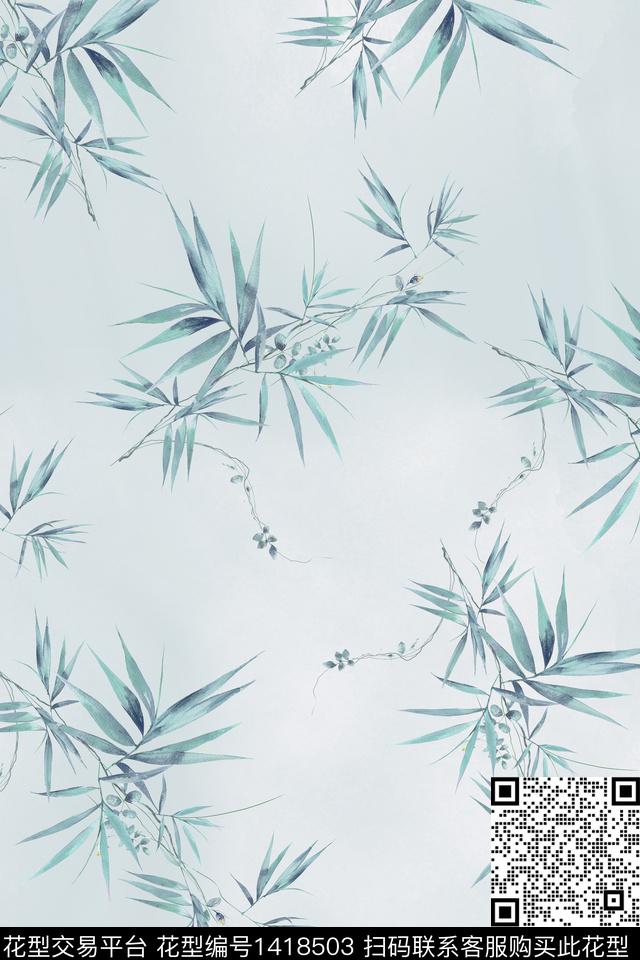 抽象花卉真丝绿植树叶数码印花华亿平台下载（图片编号: 1418503） - 瓦栏（Walan）