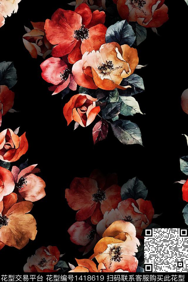 花卉香云纱大牌风数码印花华亿平台下载（图片编号: 1418619） - 瓦栏（Walan）