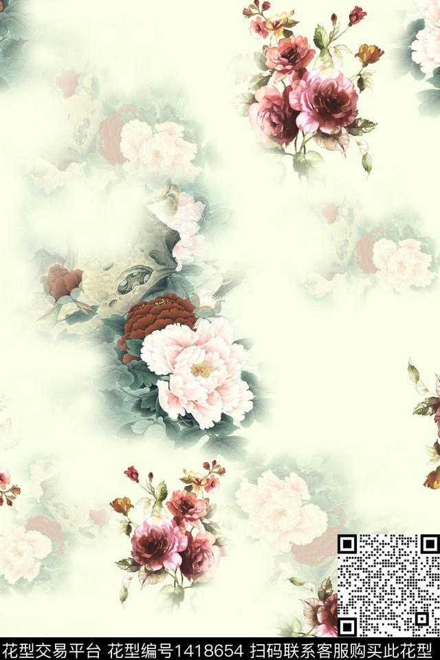 连衣裙花卉旗袍传统印花华亿平台下载（图片编号: 1418654） - 瓦栏（Walan）