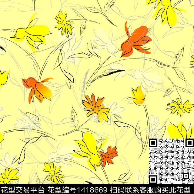 几何花卉大牌风数码印花华亿平台下载（图片编号: 1418669） - 瓦栏（Walan）