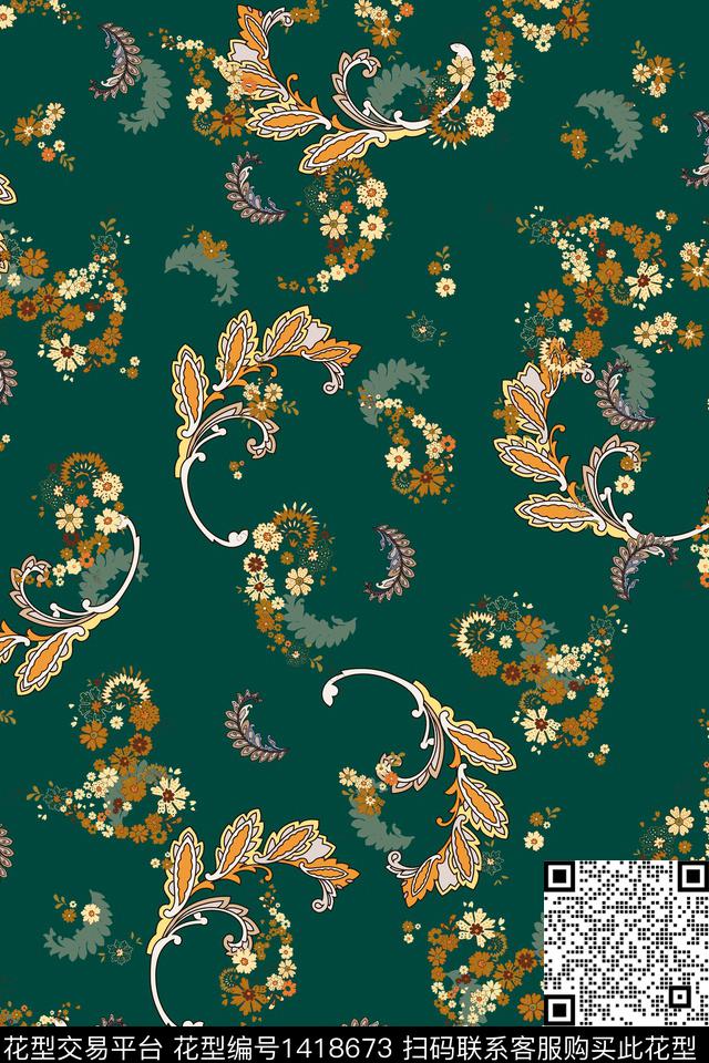 线条清爽底花卉佩斯利传统印花华亿平台下载（图片编号: 1418673） - 瓦栏（Walan）