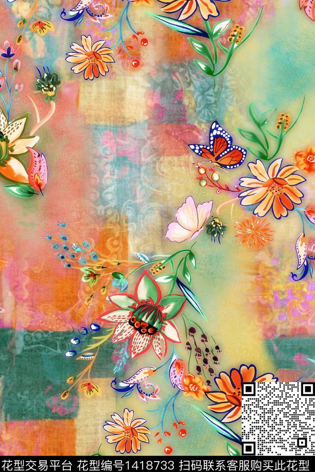 几何民族风花卉数码印花华亿平台下载（图片编号: 1418733） - 瓦栏（Walan）