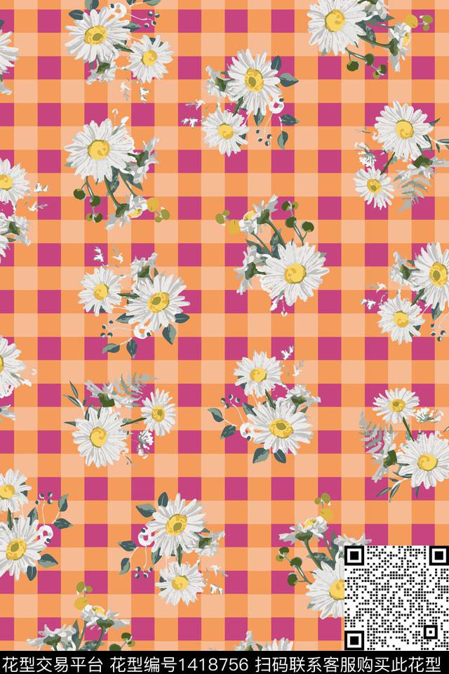 向日葵格子复古数码印花华亿平台下载（图片编号: 1418756） - 瓦栏（Walan）