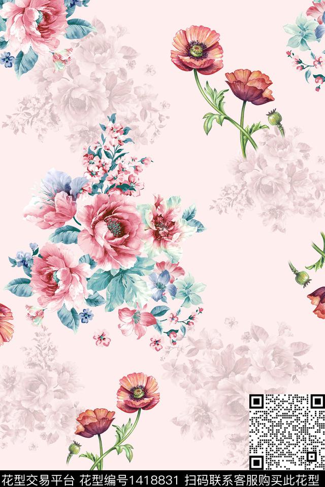 连衣裙花卉旗袍传统印花华亿平台下载（图片编号: 1418831） - 瓦栏（Walan）