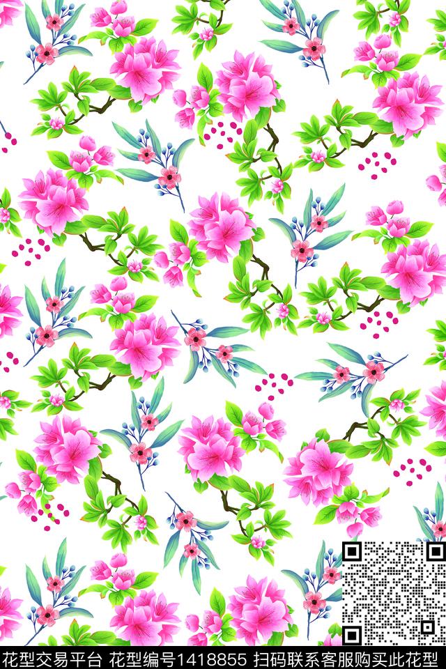 时尚白底花数码印花华亿平台下载（图片编号: 1418855） - 瓦栏（Walan）