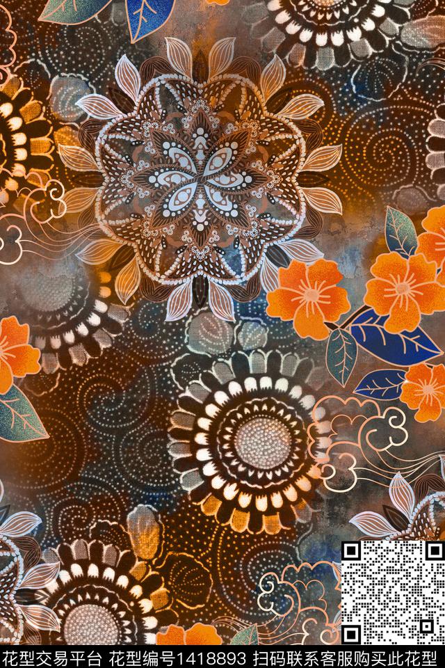 民族风香云纱华亿平台复古旗袍花数码印花华亿平台下载（图片编号: 1418893） - 瓦栏（Walan）