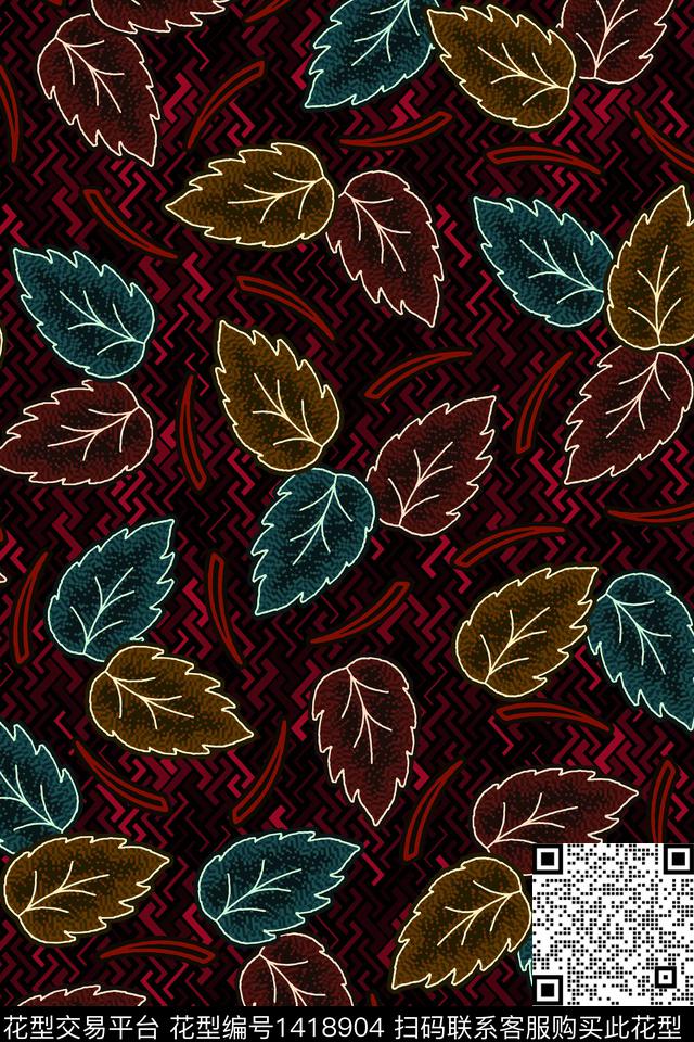 几何绿植树叶大牌风数码印花华亿平台下载（图片编号: 1418904） - 瓦栏（Walan）