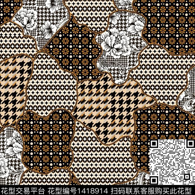 时尚真丝混合拼接数码印花华亿平台下载（图片编号: 1418914） - 瓦栏（Walan）