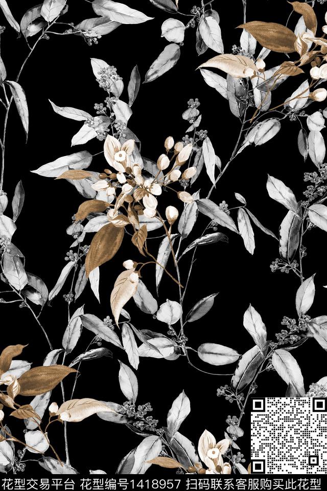 复古花卉香云纱数码印花华亿平台下载（图片编号: 1418957） - 瓦栏（Walan）
