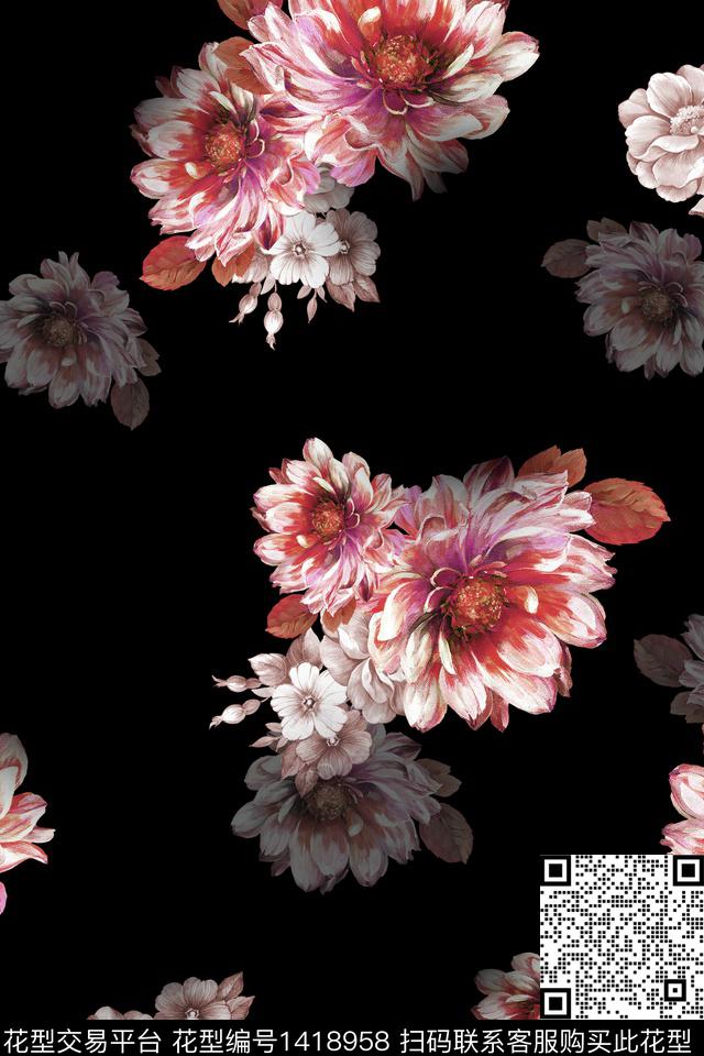 数码华亿平台花卉香云纱数码印花华亿平台下载（图片编号: 1418958） - 瓦栏（Walan）