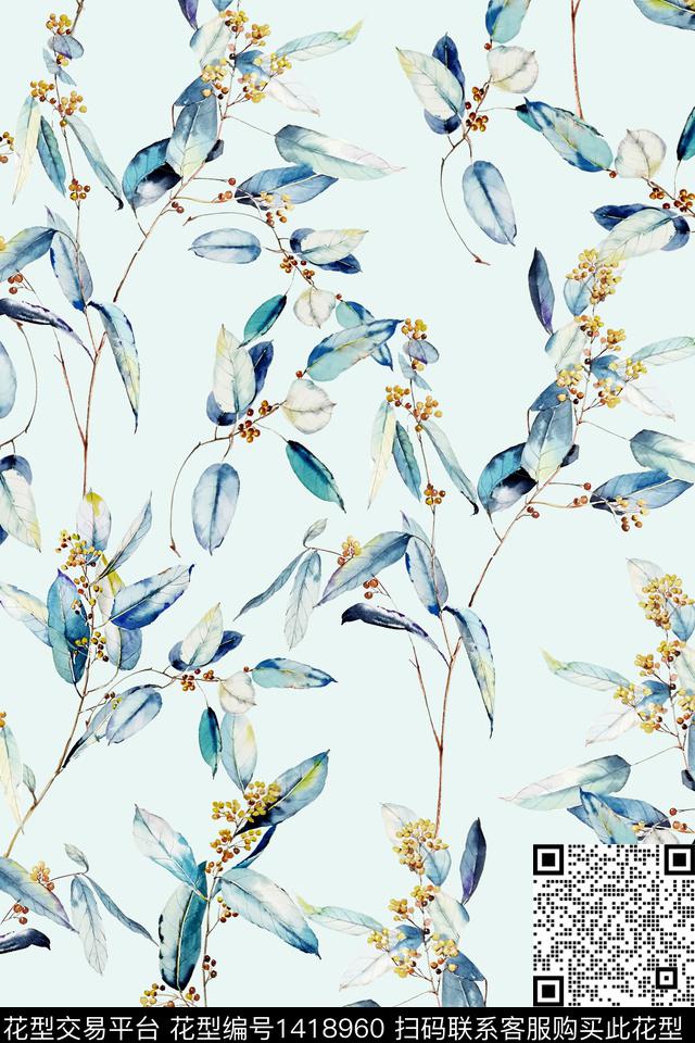 绿植树叶清爽底花卉花卉数码印花华亿平台下载（图片编号: 1418960） - 瓦栏（Walan）