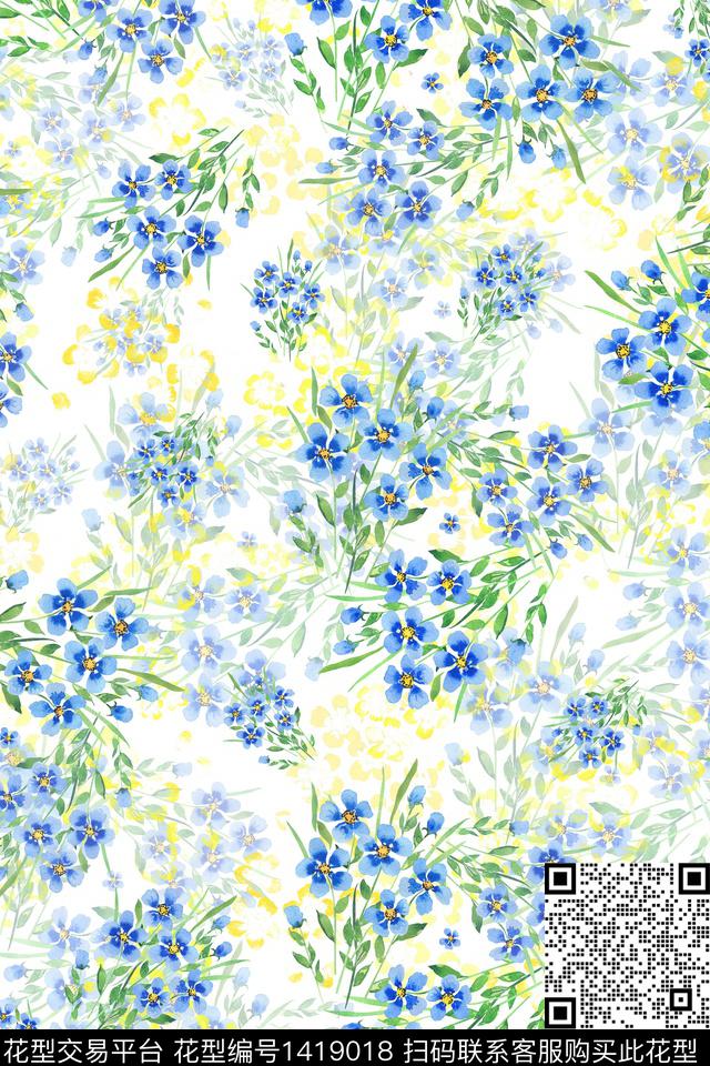 绿植树叶水彩清爽底花卉数码印花华亿平台下载（图片编号: 1419018） - 瓦栏（Walan）