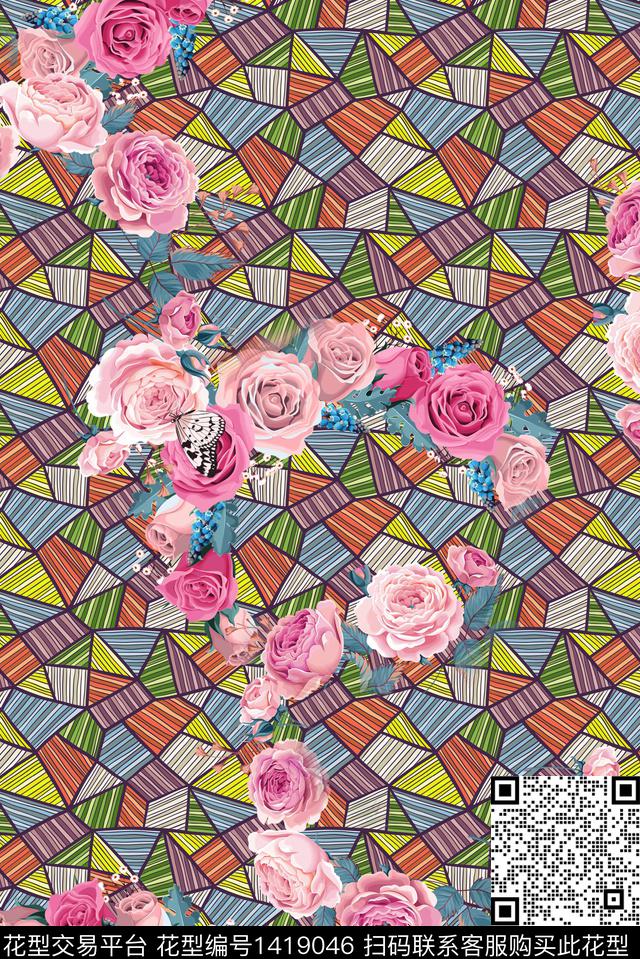 几何花卉大牌风数码印花华亿平台下载（图片编号: 1419046） - 瓦栏（Walan）