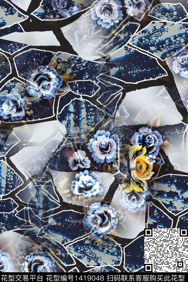 几何花卉大牌风数码印花华亿平台下载（图片编号: 1419048） - 瓦栏（Walan）