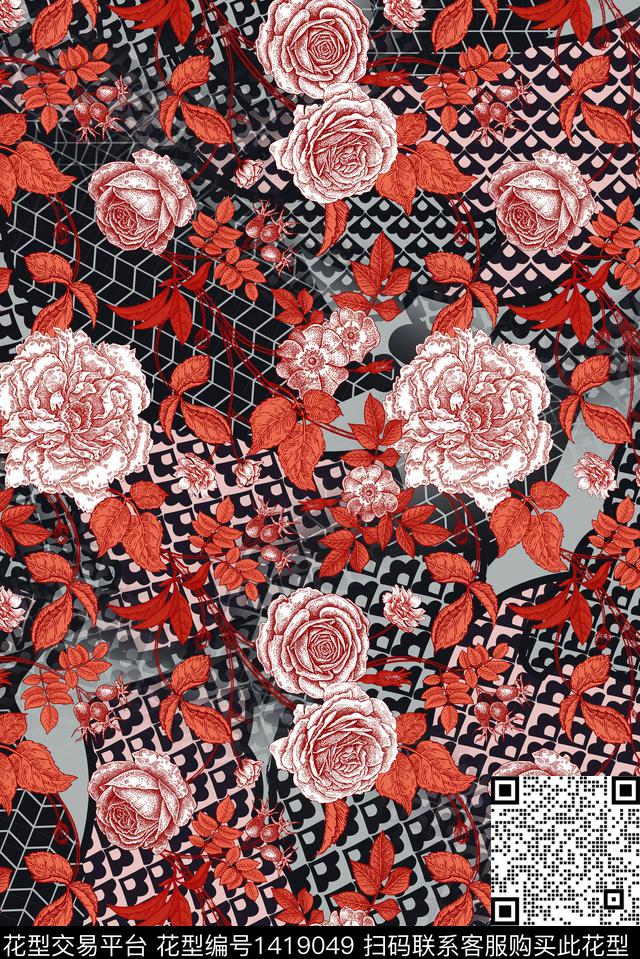 几何花卉大牌风数码印花华亿平台下载（图片编号: 1419049） - 瓦栏（Walan）