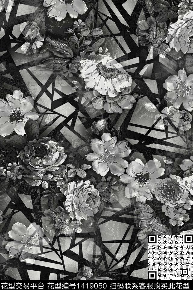几何花卉大牌风数码印花华亿平台下载（图片编号: 1419050） - 瓦栏（Walan）