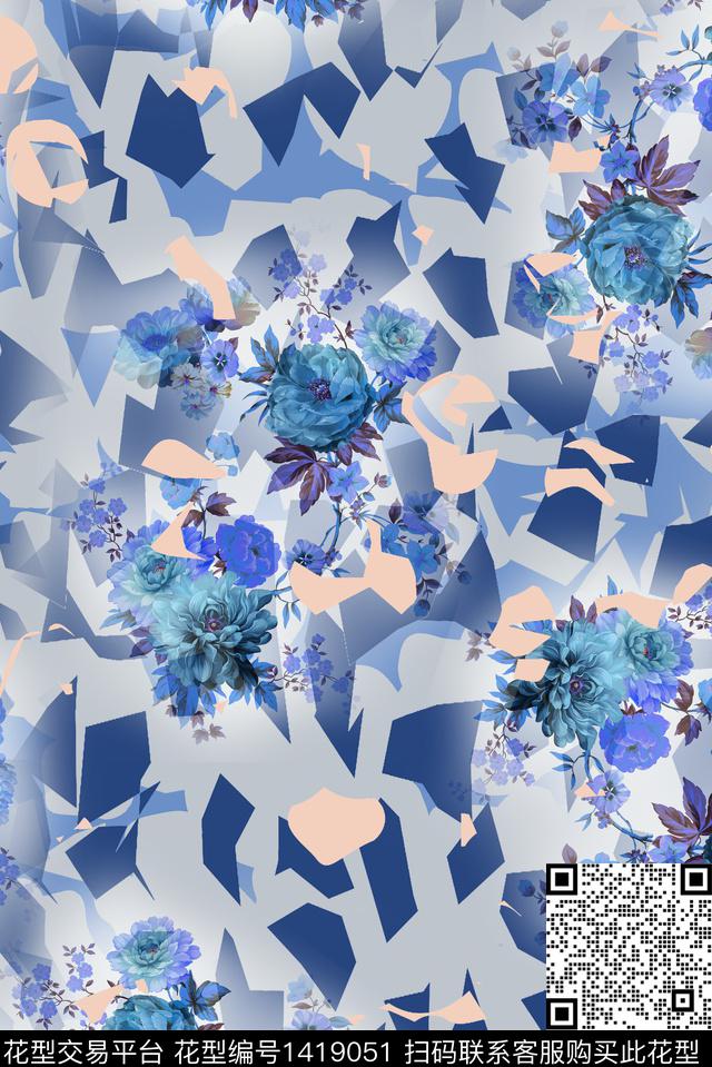 几何花卉大牌风数码印花华亿平台下载（图片编号: 1419051） - 瓦栏（Walan）