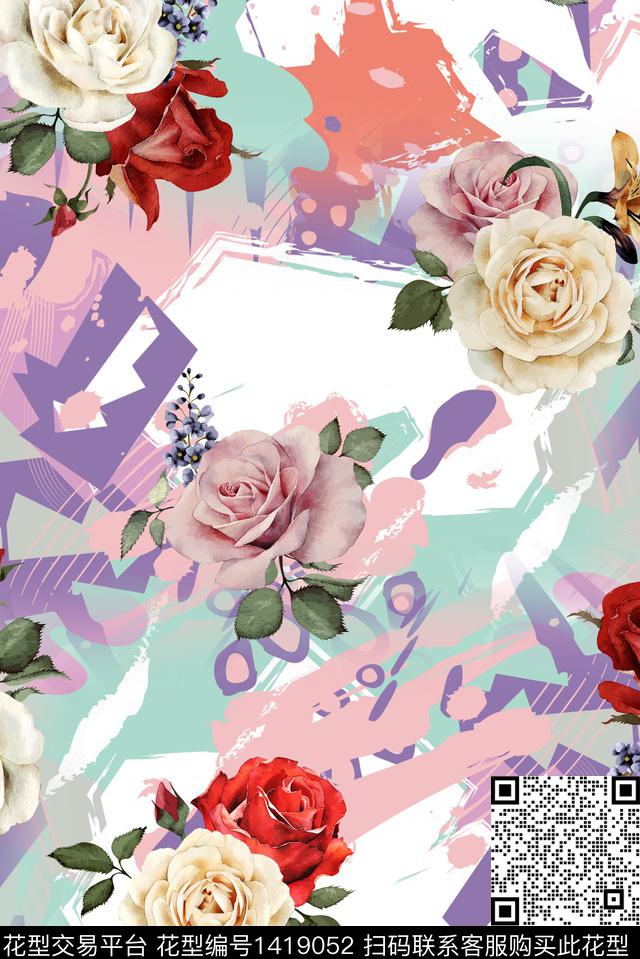 几何花卉大牌风数码印花华亿平台下载（图片编号: 1419052） - 瓦栏（Walan）