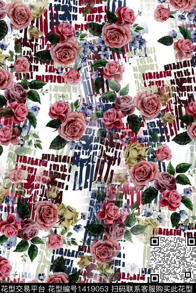 几何花卉大牌风数码印花华亿平台下载（图片编号: 1419053） - 瓦栏（Walan）