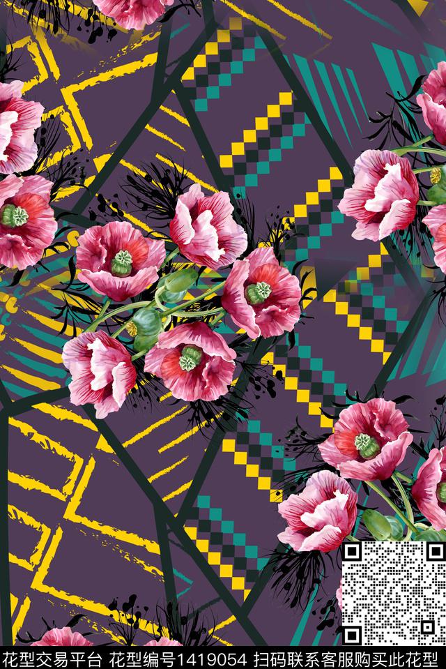 几何花卉大牌风数码印花华亿平台下载（图片编号: 1419054） - 瓦栏（Walan）