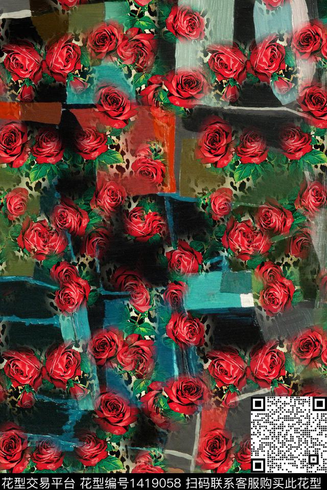 几何花卉大牌风数码印花华亿平台下载（图片编号: 1419058） - 瓦栏（Walan）