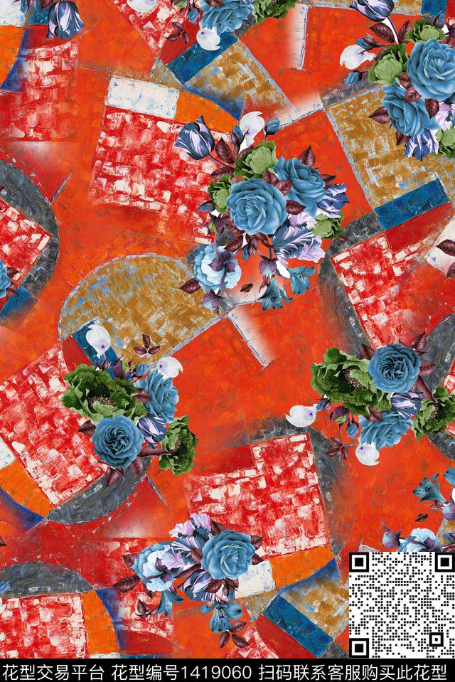 几何花卉大牌风数码印花华亿平台下载（图片编号: 1419060） - 瓦栏（Walan）
