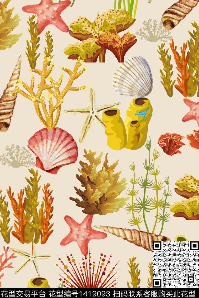 贝壳海星植物数码印花华亿平台下载（图片编号: 1419093） - 瓦栏（Walan）