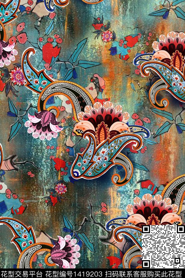 时尚佩斯利香云纱数码印花华亿平台下载（图片编号: 1419203） - 瓦栏（Walan）