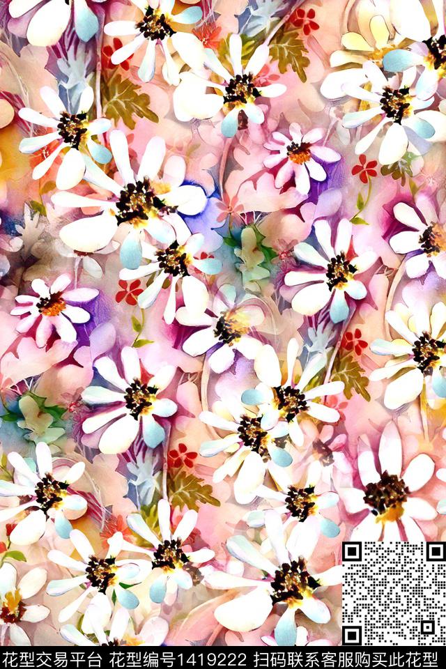 小雏菊小清新真丝数码印花华亿平台下载（图片编号: 1419222） - 瓦栏（Walan）