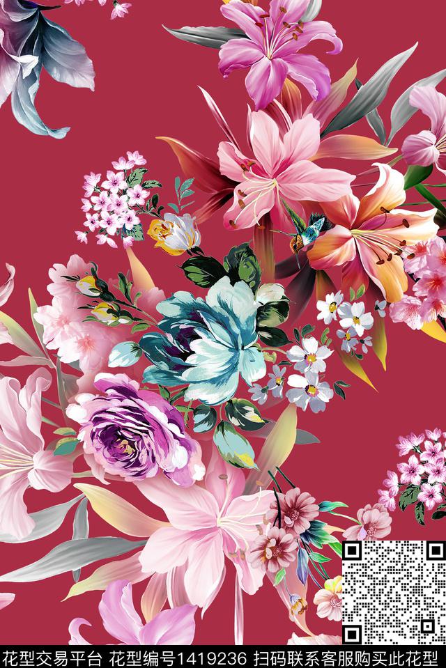 花卉手绘花卉炫彩数码印花华亿平台下载（图片编号: 1419236） - 瓦栏（Walan）