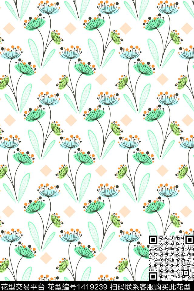 时尚白底花创意数码印花华亿平台下载（图片编号: 1419239） - 瓦栏（Walan）