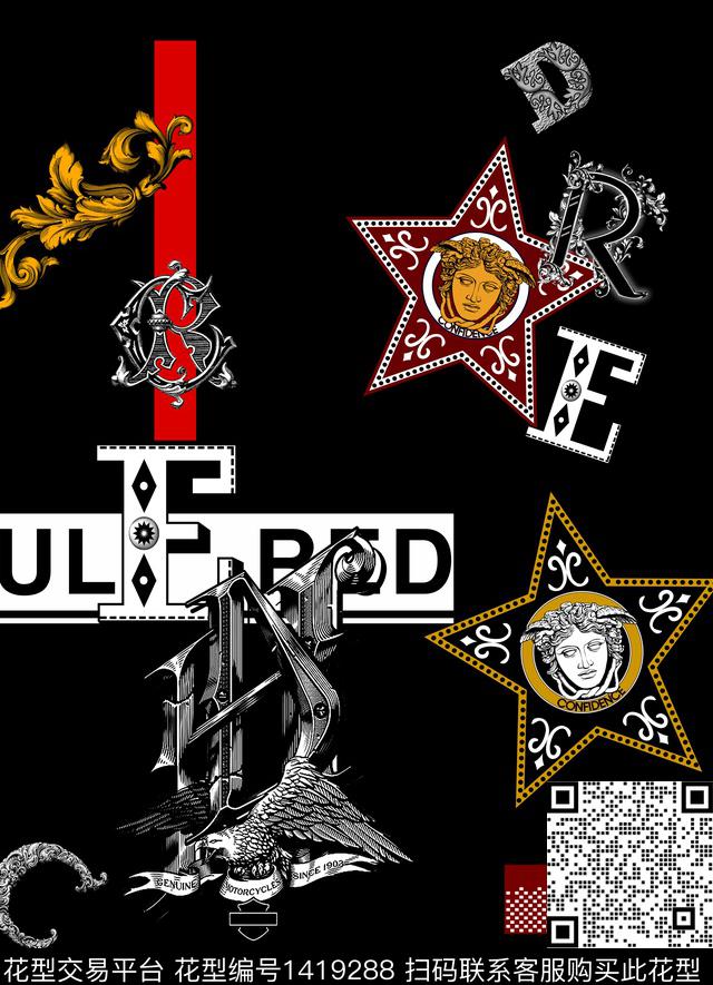 定位花简约字母数码印花华亿平台下载（图片编号: 1419288） - 瓦栏（Walan）