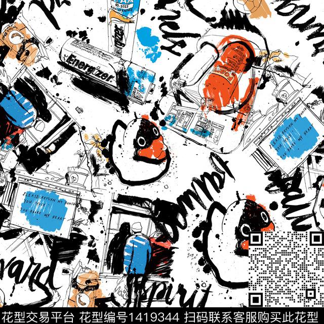 涂鸦字母鸭子数码印花华亿平台下载（图片编号: 1419344） - 瓦栏（Walan）