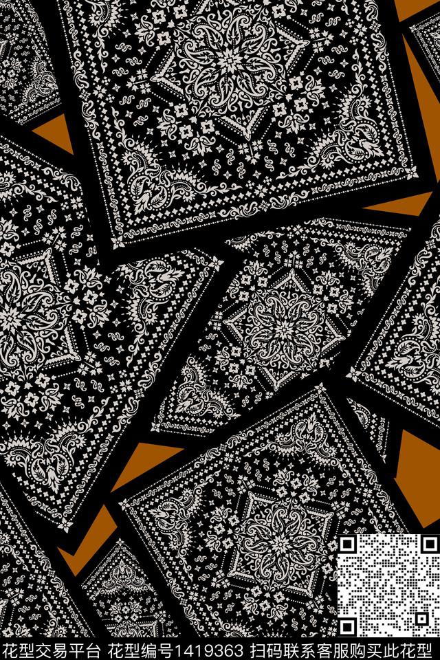 几何混合拼接黑白华亿平台传统印花华亿平台下载（图片编号: 1419363） - 瓦栏（Walan）