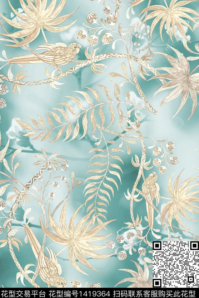 肌理绿植树叶清爽底花卉数码印花华亿平台下载（图片编号: 1419364） - 瓦栏（Walan）