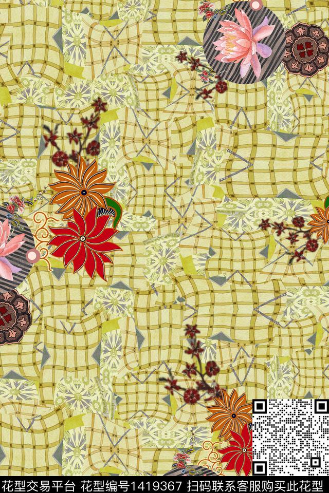 民族花卉几何格子数码印花华亿平台下载（图片编号: 1419367） - 瓦栏（Walan）