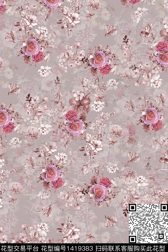 复古花卉满版散花数码印花华亿平台下载（图片编号: 1419383） - 瓦栏（Walan）